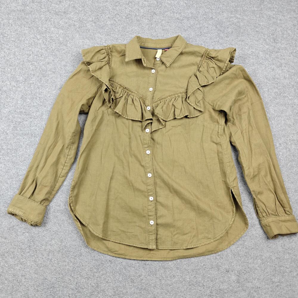 Pilcro Button-Up Womens Small Green Ruffle Cotton Twill Relaxed Casual